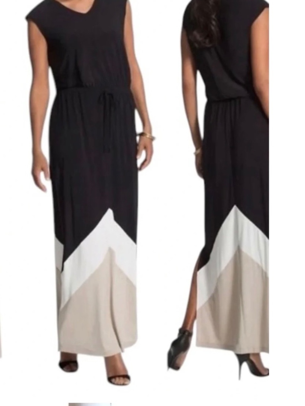 Chico’s Colorblock Maxi Dress, Size 8 / Medium, Black, Tan & White, Lined, NWT